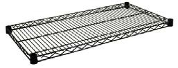 A black metal wire shelf lying flat, with a grid-like structure and four black corner caps. The shelf has a rectangular shape and is designed for use in shelving units.