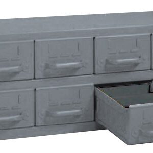 A gray metal organizer with eight small drawers. One drawer is partially open, revealing a small compartment. The organizer has a simple, industrial design.