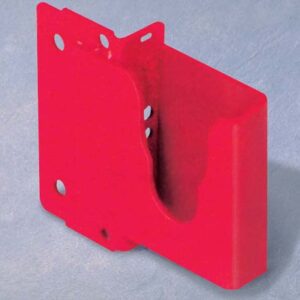 A red wall-mounted bracket with multiple holes, likely for screws, and a curved section in the middle. Its designed to hold an item securely. The background is a plain light blue surface.