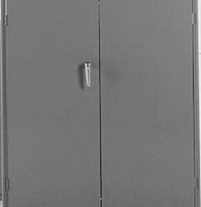 A gray metal cabinet with double doors and a simple handle, standing closed. The cabinet is plain and industrial in appearance, with small hinges visible on each side of the doors.