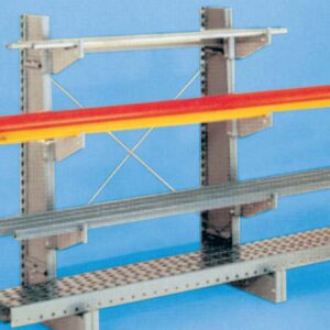 Industrial shelving unit with metal beams and railings. The shelves are supported by vertical frames and display three different levels with one beam in red and orange and the others in gray. The background is solid blue.