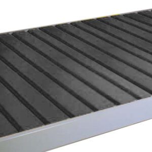 A close-up of an empty black conveyor belt with metal edges. The surface is segmented with parallel grooves, and it appears to be made of rubber or a similar material. The background is white and out of focus.