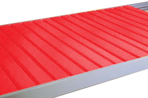 v20grip20rack20-20steel20decking_RED.jpg A metallic red roof panel with a ribbed design is shown. The panel features parallel raised ridges and a smooth finish, bordered by a silver edge.