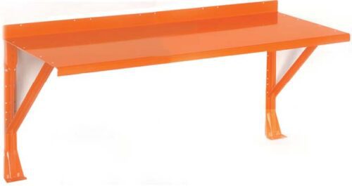 An orange metal wall-mounted workbench with two triangular support brackets and a back lip. The surface is flat and the design is industrial, suitable for use in workshops or garages.