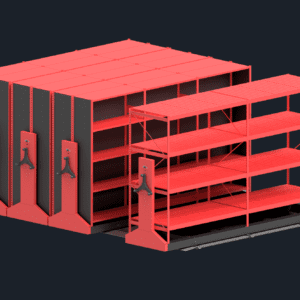 Red modular shelving units on a black backdrop showcase the Preconfigured Mobile Aisle #3, complete with adjustable shelves on rails. Some units are closed while others feature empty shelves, highlighting customizable storage possibilities.