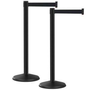 The Visiontron Prime Black Steel Crowd Control Barrier Post Set of 2 includes two black stanchions, each featuring a sturdy round base and 10′ retractable belts, ideal for managing crowds or creating queues.