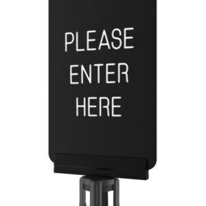 The Visiontron Sign Bracket with ColorCore Sign Insert showcases a sleek black rectangular design, featuring clear white text reading PLEASE ENTER HERE, elegantly mounted on its matching stand.