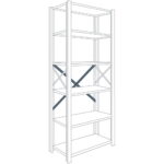 Illustration of a tall metal shelving unit with five adjustable shelves and X-bracing for support. The frame is outlined in a simple, minimalistic design, typically used for storage or organization in homes or garages.