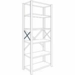 Illustration of a tall, five-shelf metal storage rack. It has open sides with X-bracing for support at the back. The shelves are evenly spaced, designed for storing various items in a garage or warehouse setting.