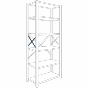 Illustration of a tall, five-shelf metal storage rack. It has open sides with X-bracing for support at the back. The shelves are evenly spaced, designed for storing various items in a garage or warehouse setting.