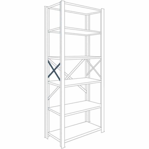 8000-series-component-open-end-brace.jpg Illustration of a tall, five-shelf metal storage rack. It has open sides with X-bracing for support at the back. The shelves are evenly spaced, designed for storing various items in a garage or warehouse setting.