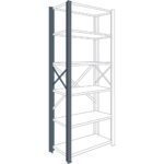 Illustration of a tall industrial shelving unit with multiple adjustable shelves and a reinforced frame. The structure is shown in wireframe, highlighting its sturdy metal design and cross-bracing for stability.