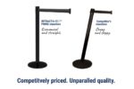On the left is the Visiontron Prime Crowd Control Barrier Post, 10, described as Economical and straight. On the right, its simply labeled as Competitors stanchion, which is referred to as Cheap and sloppy. Below, it states: Competitively priced. Unparalleled quality.