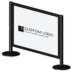 Meet the Visiontron Heavy Duty Panel System: a freestanding barrier with a sturdy frame and two round bases, featuring a large white panel ready for your logo and text, inviting you to boldly display YOUR COMPANY NAME HERE.