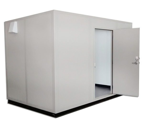A sleek, white, box-shaped sound booth stands with its door ajar, revealing a minimalist interior. This modular building features a smooth exterior surface and a discreet vent on one side, perfect for versatile installation in various settings.