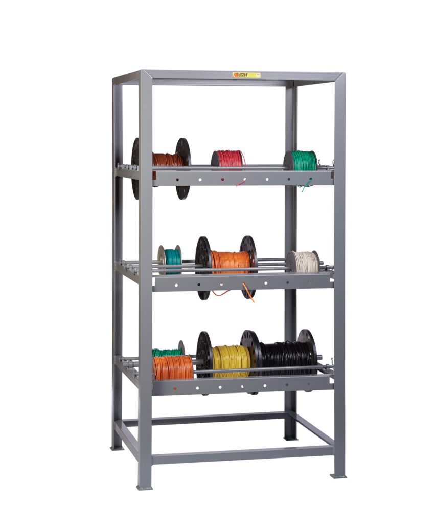 A user-friendly metal rack with three shelves holds various colored cable spools. Organized on horizontal bars, the spools come in green, orange, black, yellow, and white. Built on a simple frame, the rack is designed for low maintenance.