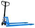 The Eoslift branded MH-USA Low Profile Manual Pallet Jack, featuring a black handle and a blue finish, is designed with two prongs for lifting pallets and wheels for easy maneuverability.