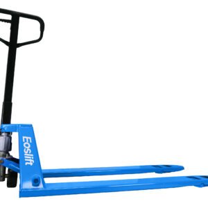 The Eoslift branded MH-USA Low Profile Manual Pallet Jack, featuring a black handle and a blue finish, is designed with two prongs for lifting pallets and wheels for easy maneuverability.