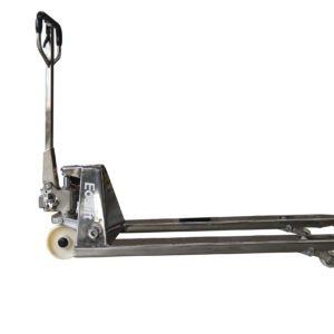 The MH-USA Stainless Steel Manual Pallet Jack boasts a silver metal frame, black handle, small front wheels, and larger rear wheels for smooth mobility. It features Ecolift on its side and is perfect for lifting and moving pallets.