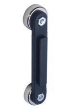 A sliding door roller echoes the sleek design of a Visiontron Magnetic Receiving End for Retractable Belts. It has two metal wheels on either end, joined by a central black bar with bolts for smooth and efficient door operation.
