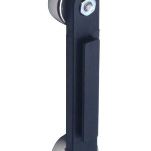 A sliding door roller echoes the sleek design of a Visiontron Magnetic Receiving End for Retractable Belts. It has two metal wheels on either end, joined by a central black bar with bolts for smooth and efficient door operation.