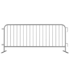 The Visiontron Interlocking Metal Bike Rack Steel Barricade features vertical bars, side hooks, and flat feet for stability. Perfect for temporary use at events or construction sites, it efficiently guides people or restricts access.