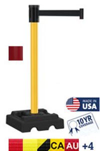 The Visiontron Utility Safety 300 Series Long Span Retractable Belt Stanchion 15 features a yellow pole with a black belt and base, Made in USA label, 10 Yr Coverage, and flags from CA, AU, and more.