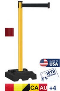 The Visiontron Utility Safety 300 Series Stanchion features a yellow post, a retractable black belt barrier up to 10, and a sturdy black base. It is made in the USA, comes with a 10-year warranty, and includes flag icons for international compatibility.