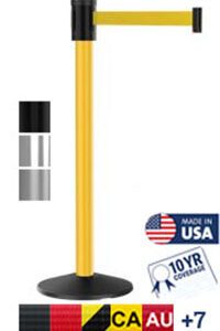 The image displays a yellow Visiontron Outdoor 320 Series Long Span Crowd Control Stanchion, featuring a 15 retractable belt. Flags for Germany, Canada, and Australia are shown with +7 for additional countries. Icons indicate the product is Made in USA with a 10 Year Coverage warranty.