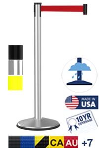 The Visiontron Outdoor 300 Series Retractable Belt Barrier features a 10 red belt, with optional black, yellow, and silver swatches. Its USA-made, comes with a 10-year warranty, and is outdoor-rated. Additional belt colors include CA and AU.