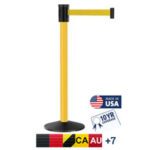The Visiontron Outdoor 320 Series Yellow Aluminum Stanchion features a 15 retractable belt and a durable black base. It includes the Made in USA logo, a flag, and 10YR Warranty. Belt color options with codes CA, AU, and +7 are listed below.