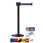 The Visiontron PM412 Series features a 30 retractable purple belt and black stanchion, proudly Made in USA with a 10YR Guarantee. Flags of the USA and Australia at the base symbolize global unity.