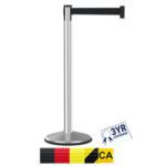 The Visiontron Prime Polished Stainless Steel Crowd Control Barrier Post, featuring a retractable black belt, includes a 3YR Coverage badge and offers 10′ belt options in colors like red, yellow, and marked CA.
