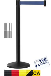 The Visiontron Prime Crowd Control Barrier Post includes a 10 retractable blue belt on a refined black stanchion. Icons show options for other belt colors like red, yellow, and black. The 3YR Coverage badge provides warranty assurance.