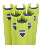 Seven yellow MH-USA Rack Armour column protectors, each with blue labels and dimensions of 3 wide x 1 5/8 deep, designed to shield lower rack sections. Featuring a curved open top, they offer optimal protection for racking columns.