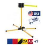 The Visiontron SM6500 Series Extra Long Span Outdoor Retractable Stand Mount with a yellow tripod base and black top features a 65 belt, Made in USA and 10 Year Guarantee logos, and displays the U.S., Canada, and Australia flags.