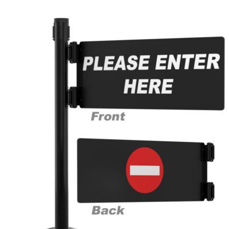 The black Barricade Security Swing Barrier Gate, featuring a rotating design with two panels, displays PLEASE ENTER HERE in white on the front and a red circle with a white horizontal line for no entry on the back to enhance security.
