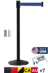 A Visiontron Slim Post Retractable Belt Barrier, 10, features a black stand with a blue belt showcasing logos like Made in USA, 10 Yr Coverage, and flags from CA, AU, plus 7 others.