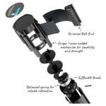 The exploded view highlights the Visiontron Value Series Black Steel Retractable Belt Stanchion, featuring a 7.5 belt, Universal Belt End, robust 1-piece molded mechanism, reliable spring for retraction, and EZBack® Break. All components are black and cylindrical.