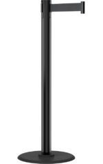 A Visiontron Value Series Black Steel Retractable Belt Stanchion with a 7.5 belt stands against a white backdrop, showcasing its sleek vertical design, circular base, and extendable arm for efficient crowd control or queue organization.