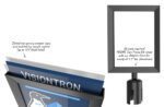 The Visiontron Prime Sign Holder Frame Kit, 8.5 x 11 Black, features a slotted top for acrylic signs marked VISIONTRON. Includes an adapter cone for most 2.5 diameter stanchions—no tools needed!.