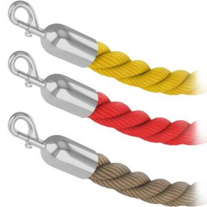 Displayed are three Visiontron Braided Poly Rope for Stanchion Posts, each with shiny metal hooks at both ends. Elegantly twisted, the ropes are arranged from top to bottom in yellow, red, and brown colors.
