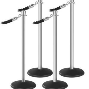 The Visiontron Outdoor ST400 Series Urn Top Bundle includes four sleek silver stanchion posts with round black bases, linked by elegant black velvet ropes at the top to form a sophisticated barrier.