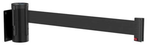 The Visiontron Prime Retractable Wall Mount, 10 Belt has a sleek black cylindrical case and extends effortlessly. Ideal for crowd control or line management, it ends with a secure clip for easy attachment.