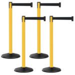 The Visiontron Prime Outdoor Crowd Control Post Bundle includes four yellow stanchions with black 10 retractable belts, each set on a sturdy circular black base, ideal for managing crowds or creating orderly queues.