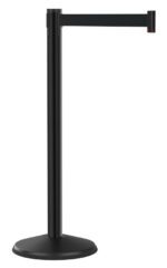 A black retractable stanchion with an extended horizontal belt is displayed against a white background. It features a round base and a long vertical post supporting the belt used for crowd control or line formation.