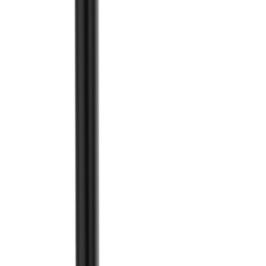A black retractable stanchion with an extended horizontal belt is displayed against a white background. It features a round base and a long vertical post supporting the belt used for crowd control or line formation.