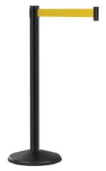 A black stanchion with a yellow retractable belt extended horizontally.