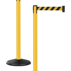 The Visiontron Prime Outdoor Crowd Control Set includes two yellow stanchion posts with durable 10 black and yellow striped belts, ideal for crowd management. Round black bases provide excellent stability, making it perfect for any event or venue.