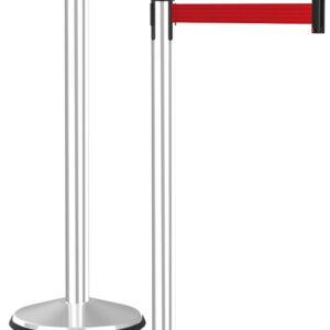 The Visiontron Prime Polished Stainless Steel Crowd Control Barrier Post Set of 2, with a 10′ red belt and black end caps, stands side by side for perfect crowd control.
